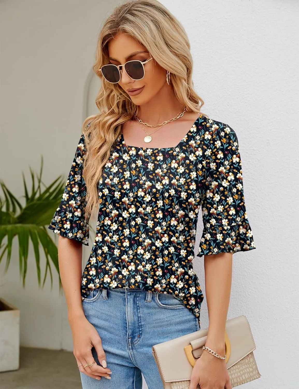 3/4 Length Sleeve Womens Tops Square Neck Eyelet T-Shirts Ruffle Bell Sleeve Tunic Blouses Dressy Casual