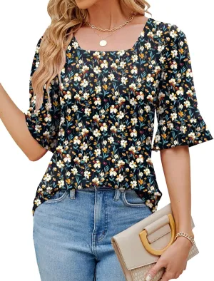 3/4 Length Sleeve Womens Tops Square Neck Eyelet T-Shirts Ruffle Bell Sleeve Tunic Blouses Dressy Casual