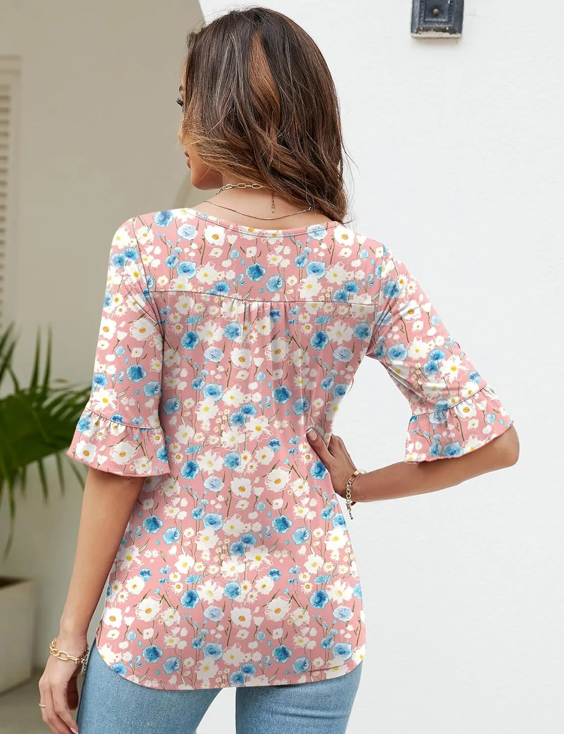 3/4 Length Sleeve Womens Tops Square Neck Eyelet T-Shirts Ruffle Bell Sleeve Tunic Blouses Dressy Casual