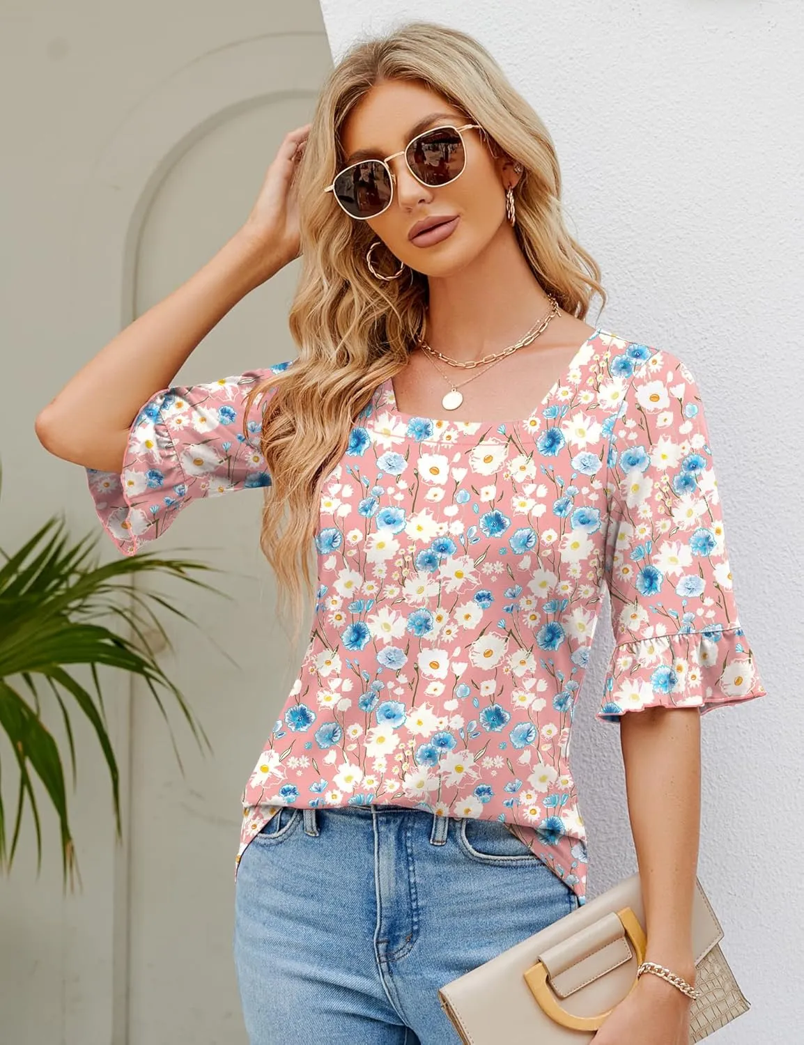 3/4 Length Sleeve Womens Tops Square Neck Eyelet T-Shirts Ruffle Bell Sleeve Tunic Blouses Dressy Casual