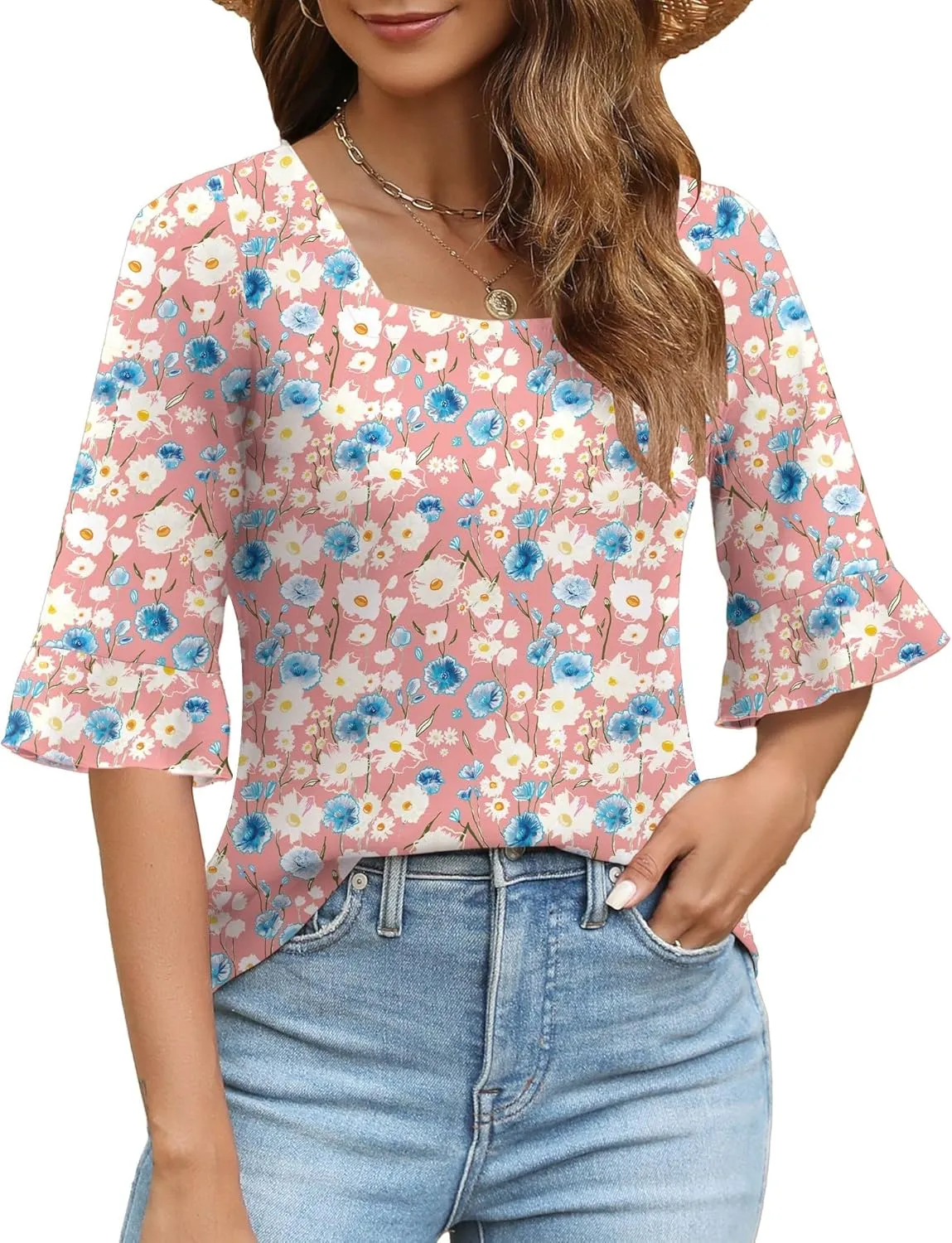 3/4 Length Sleeve Womens Tops Square Neck Eyelet T-Shirts Ruffle Bell Sleeve Tunic Blouses Dressy Casual