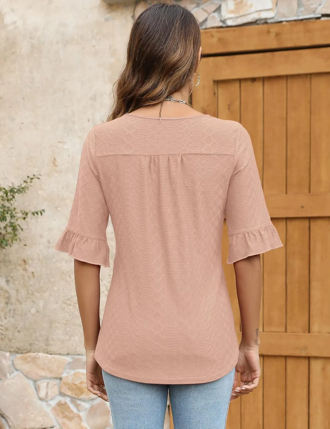 3/4 Length Sleeve Womens Tops Square Neck Eyelet T-Shirts Ruffle Bell Sleeve Tunic Blouses Dressy Casual
