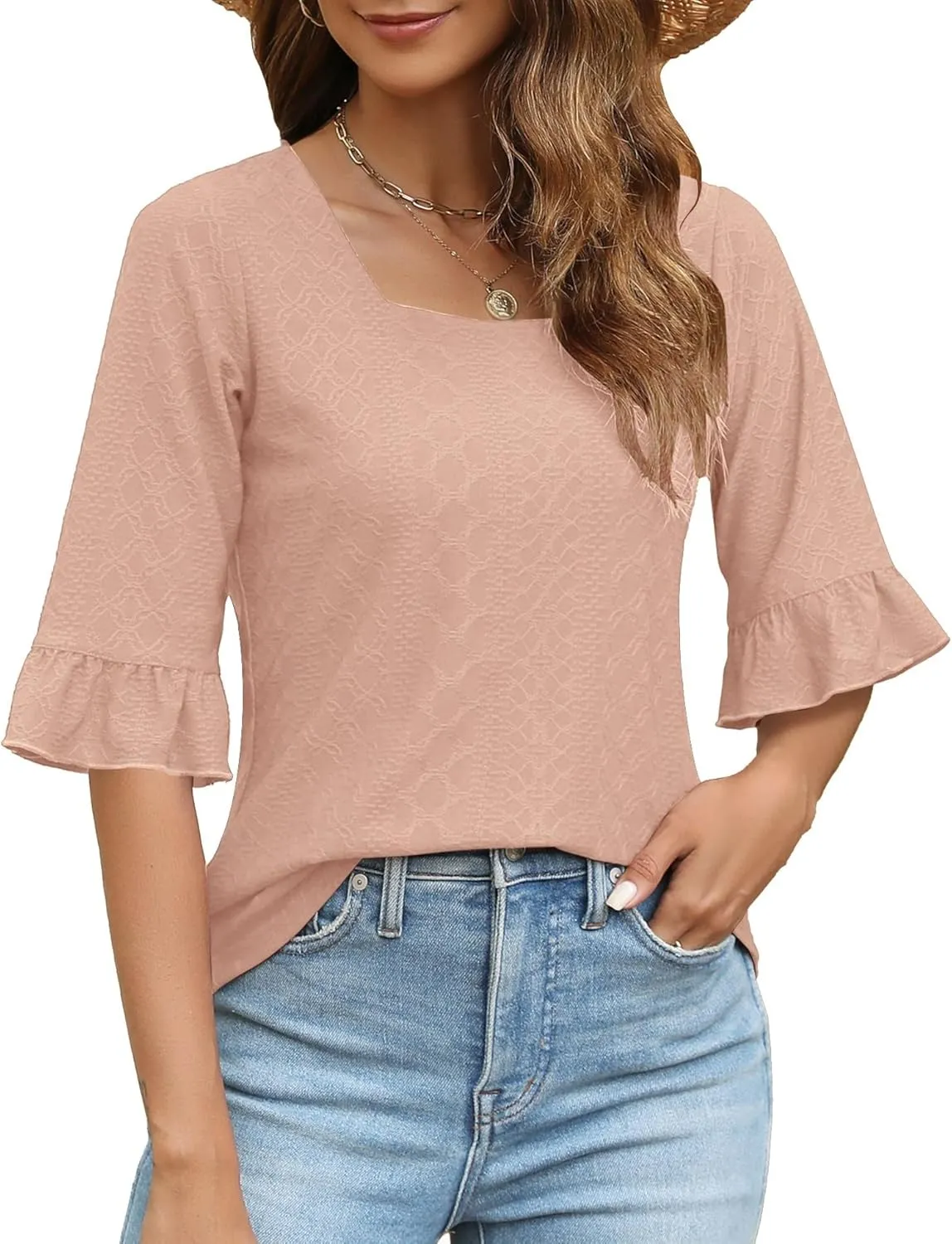 3/4 Length Sleeve Womens Tops Square Neck Eyelet T-Shirts Ruffle Bell Sleeve Tunic Blouses Dressy Casual