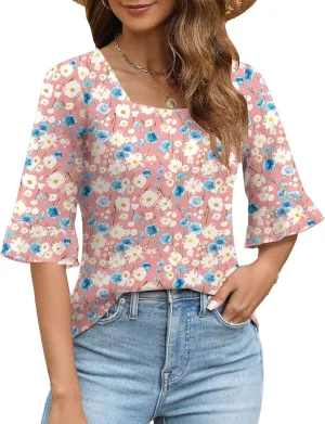 3/4 Length Sleeve Womens Tops Square Neck Eyelet T-Shirts Ruffle Bell Sleeve Tunic Blouses Dressy Casual