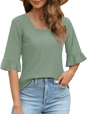 3/4 Length Sleeve Womens Tops Square Neck Eyelet T-Shirts Ruffle Bell Sleeve Tunic Blouses Dressy Casual