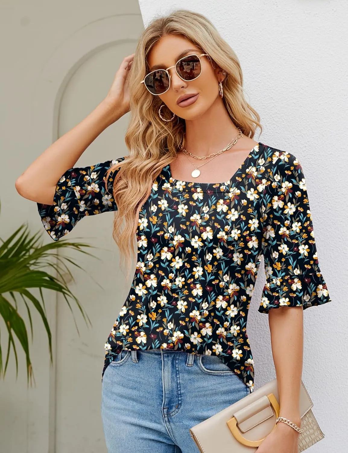 3/4 Length Sleeve Womens Tops Square Neck Eyelet T-Shirts Ruffle Bell Sleeve Tunic Blouses Dressy Casual