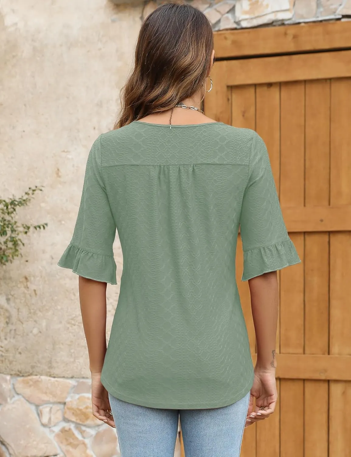 3/4 Length Sleeve Womens Tops Square Neck Eyelet T-Shirts Ruffle Bell Sleeve Tunic Blouses Dressy Casual