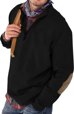 Angbater Mens Polo Shirts Lapel Collar Zipper Up Pullover Mock Neck Long Sleeve Golf Polo Sweatshirts with Elbow Patches
