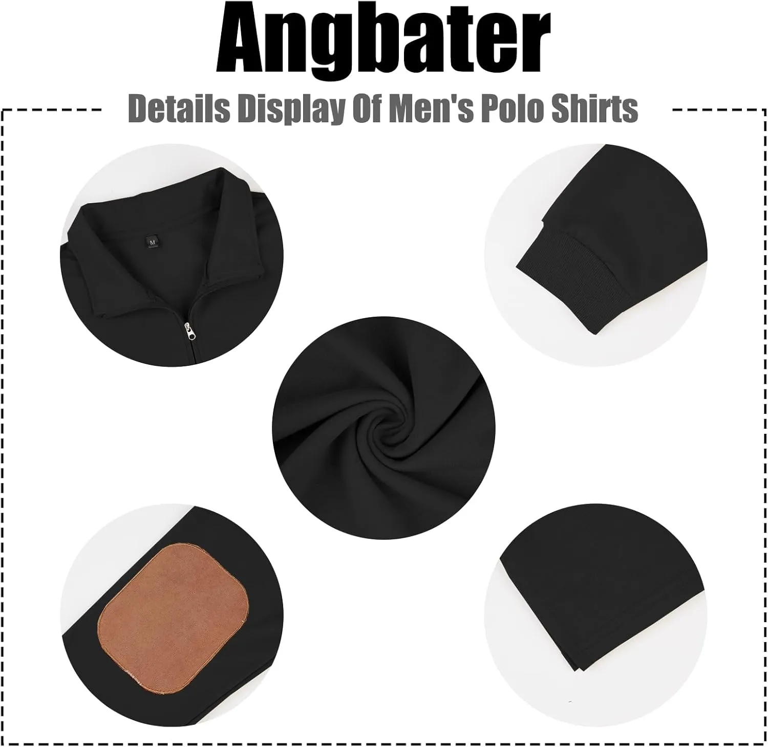 Angbater Mens Polo Shirts Lapel Collar Zipper Up Pullover Mock Neck Long Sleeve Golf Polo Sweatshirts with Elbow Patches