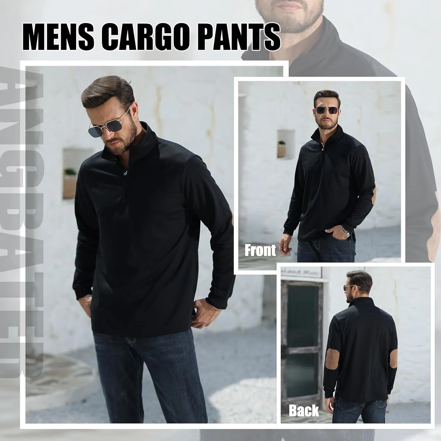 Angbater Mens Polo Shirts Lapel Collar Zipper Up Pullover Mock Neck Long Sleeve Golf Polo Sweatshirts with Elbow Patches