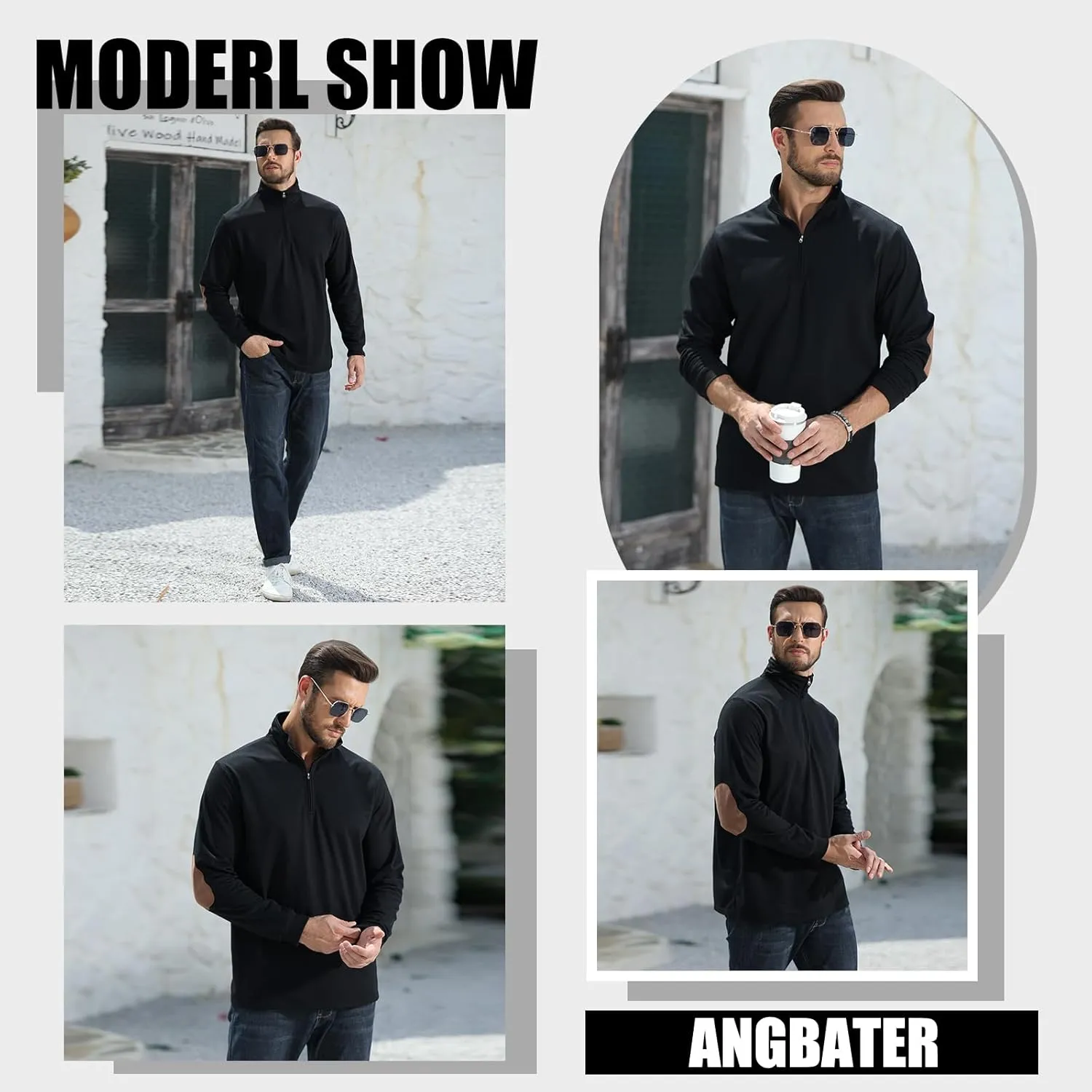 Angbater Mens Polo Shirts Lapel Collar Zipper Up Pullover Mock Neck Long Sleeve Golf Polo Sweatshirts with Elbow Patches
