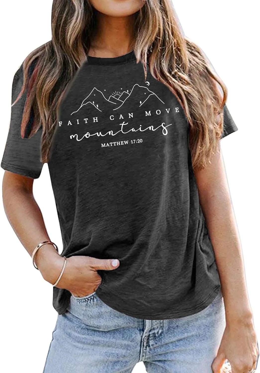 Christian Shirt Women Hiking Shirts Faith Can Move Mountains Tshirts Camping Graphic Tees Adventure Tops