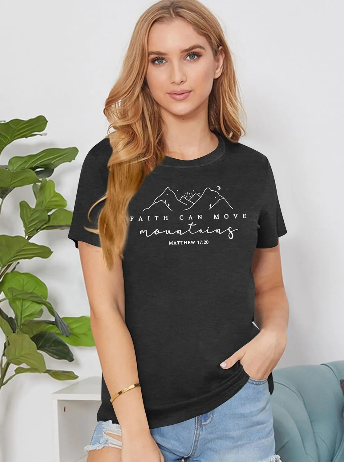 Christian Shirt Women Hiking Shirts Faith Can Move Mountains Tshirts Camping Graphic Tees Adventure Tops
