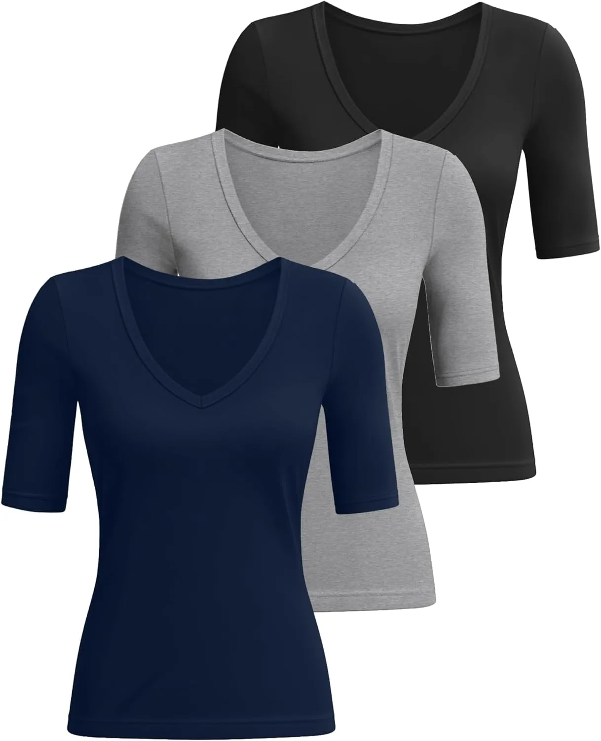 Ficerd 3 Pack Women's Half Sleeve V Neck T Shirts, Cotton Elbow Length Sleeve Shirt Slim Fit Tunic Top Casual Summer Tee
