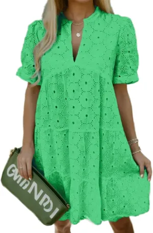 Flamingals Eyelet Dress for Women Embroidery Ruffle Hem Knee Length Casual Dress