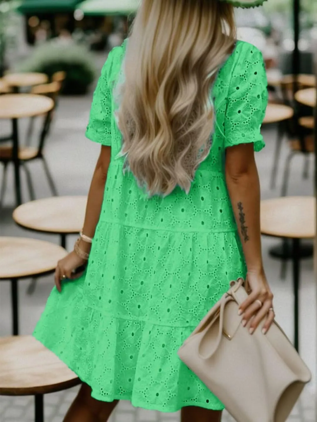 Flamingals Eyelet Dress for Women Embroidery Ruffle Hem Knee Length Casual Dress