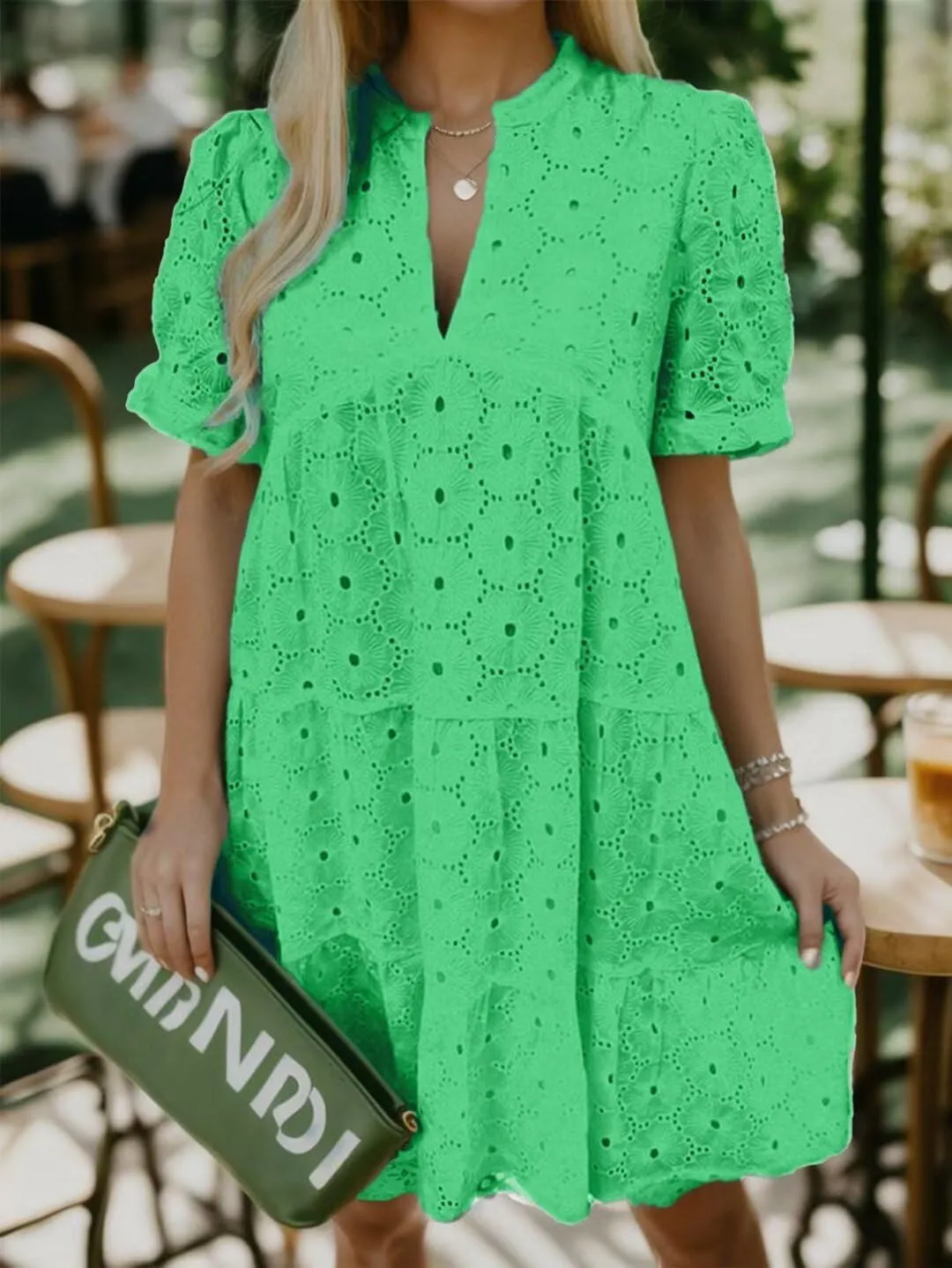 Flamingals Eyelet Dress for Women Embroidery Ruffle Hem Knee Length Casual Dress