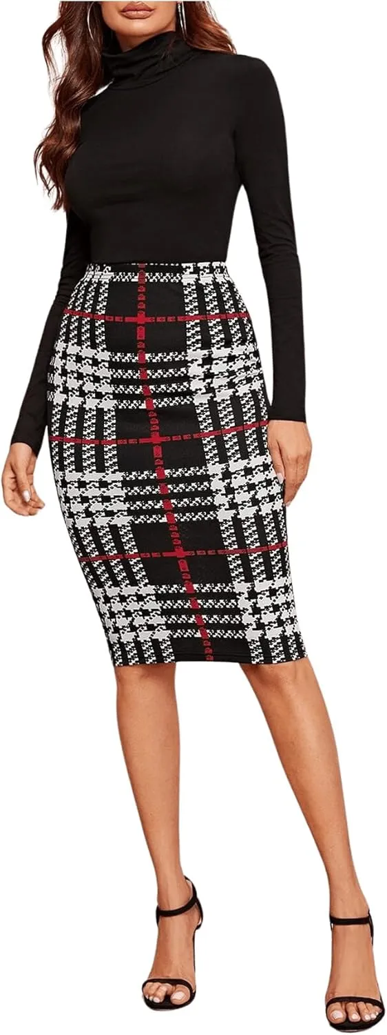 Floerns Women's Plaid Print High Waist Knee Length Bodycon Pencil Skirt