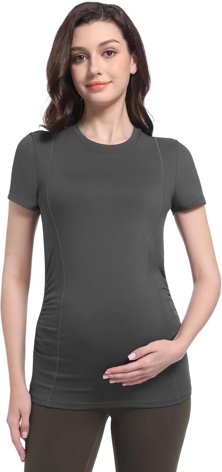 Foucome Maternity Shirts Crew Neck Short Sleeve Workout Tops Athletic Yoga Top Side Ruched Pregnancy T Shirts