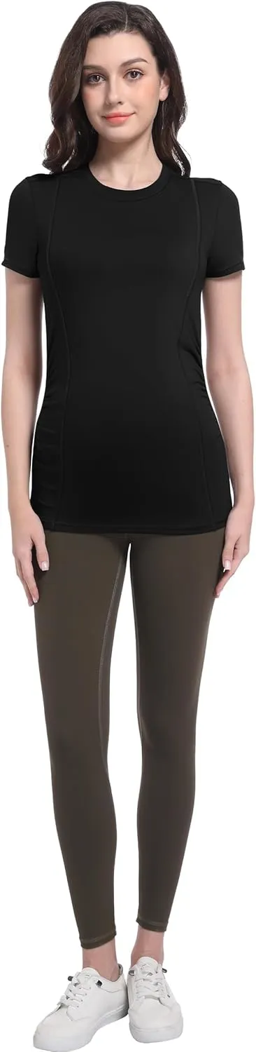 Foucome Maternity Shirts Crew Neck Short Sleeve Workout Tops Athletic Yoga Top Side Ruched Pregnancy T Shirts