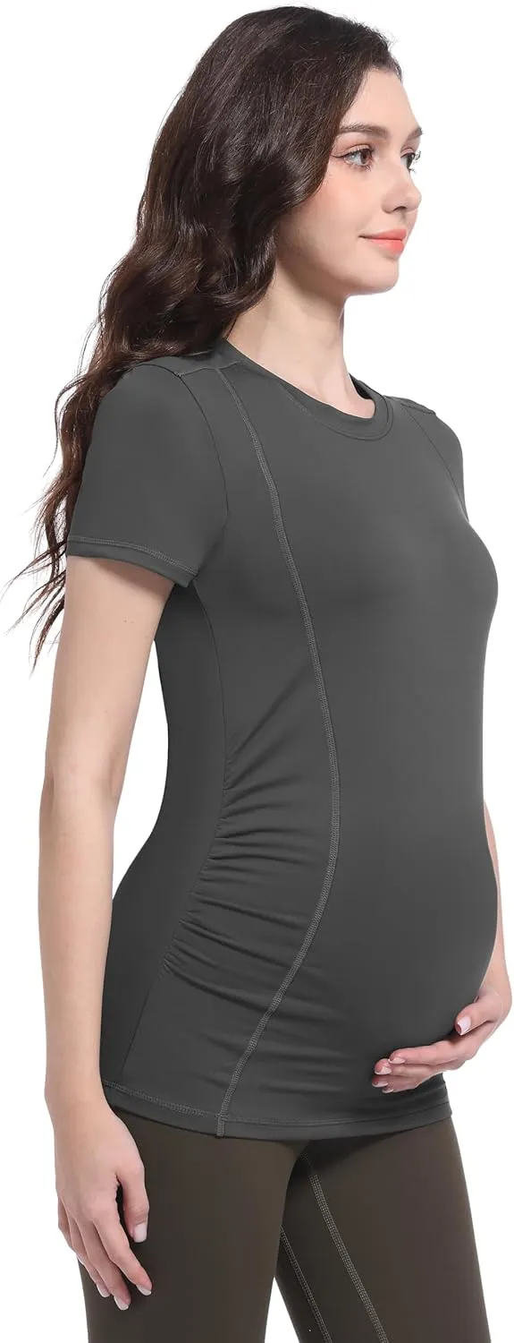 Foucome Maternity Shirts Crew Neck Short Sleeve Workout Tops Athletic Yoga Top Side Ruched Pregnancy T Shirts