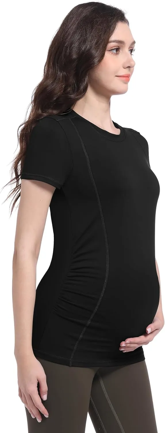 Foucome Maternity Shirts Crew Neck Short Sleeve Workout Tops Athletic Yoga Top Side Ruched Pregnancy T Shirts
