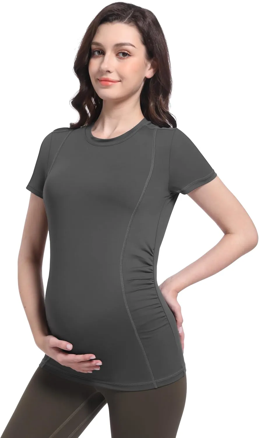 Foucome Maternity Shirts Crew Neck Short Sleeve Workout Tops Athletic Yoga Top Side Ruched Pregnancy T Shirts