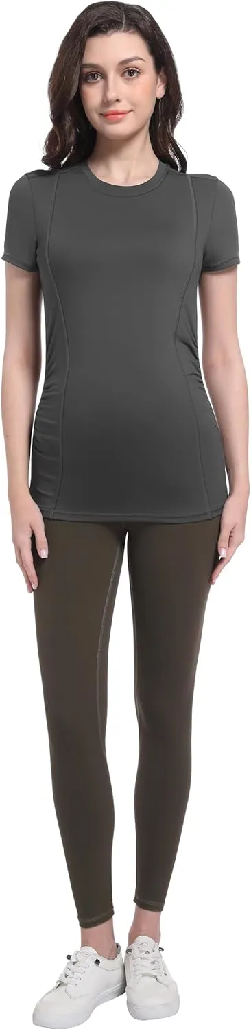 Foucome Maternity Shirts Crew Neck Short Sleeve Workout Tops Athletic Yoga Top Side Ruched Pregnancy T Shirts