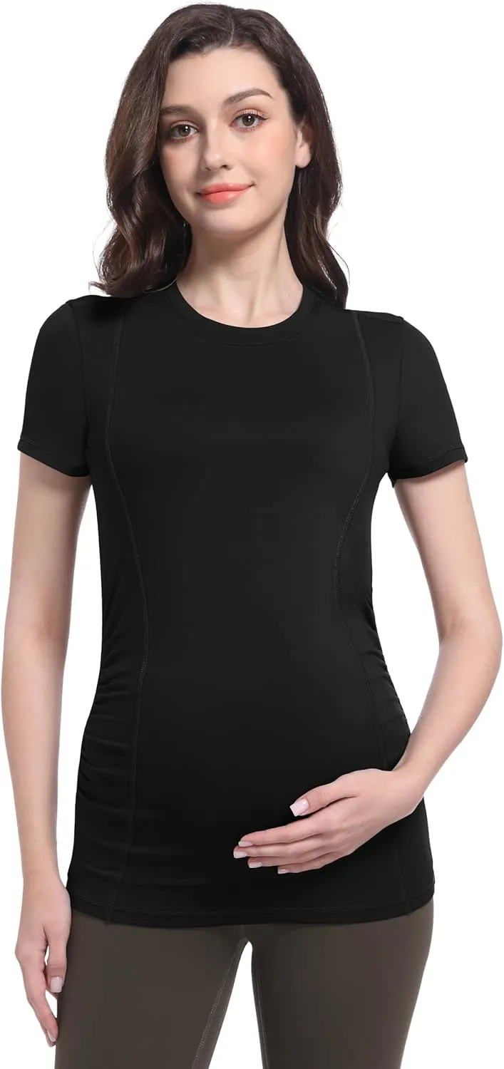 Foucome Maternity Shirts Crew Neck Short Sleeve Workout Tops Athletic Yoga Top Side Ruched Pregnancy T Shirts