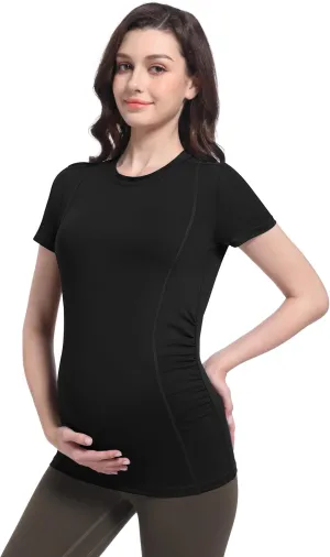 Foucome Maternity Shirts Crew Neck Short Sleeve Workout Tops Athletic Yoga Top Side Ruched Pregnancy T Shirts