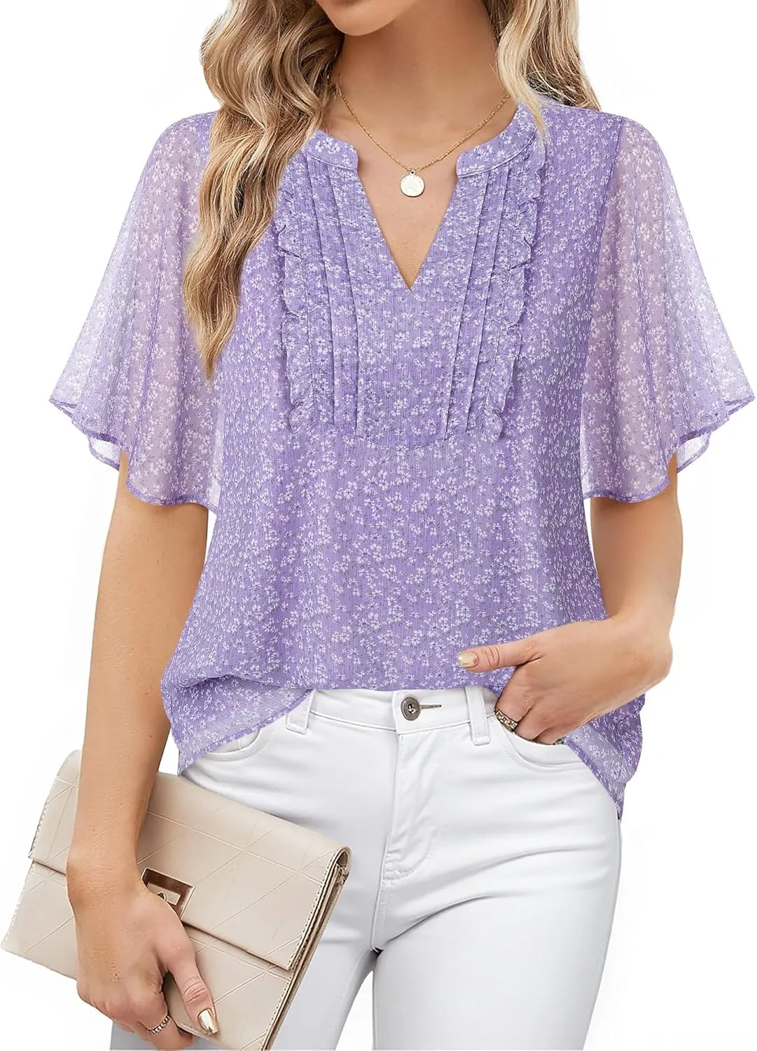 Furnex Womens Blouses Chiffon Ruffle Short Sleeve Tops Summer Pleated V Neck Casual Work Tops