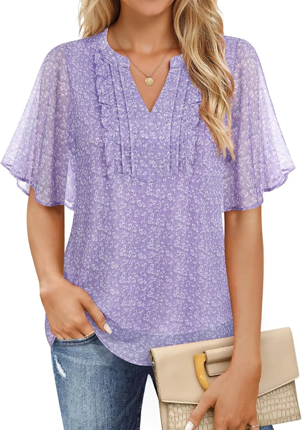 Furnex Womens Blouses Chiffon Ruffle Short Sleeve Tops Summer Pleated V Neck Casual Work Tops