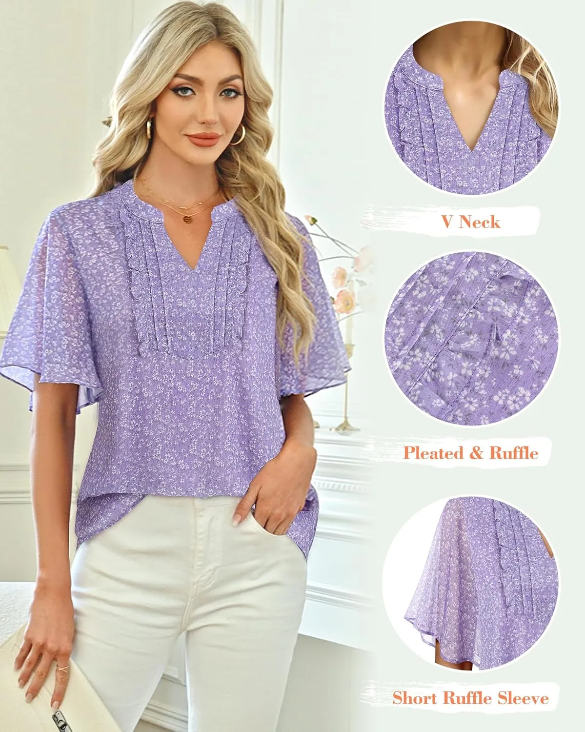 Furnex Womens Blouses Chiffon Ruffle Short Sleeve Tops Summer Pleated V Neck Casual Work Tops