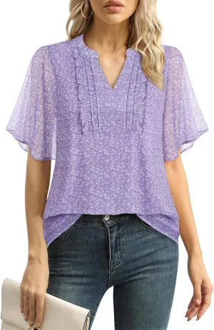 Furnex Womens Blouses Chiffon Ruffle Short Sleeve Tops Summer Pleated V Neck Casual Work Tops