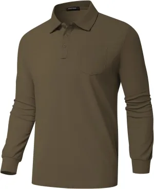 Men's Classic Long Sleeve Polo Shirts Casual Solid Golf Shirts with Pocket