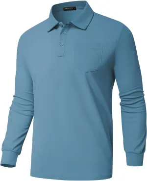 Men's Classic Long Sleeve Polo Shirts Casual Solid Golf Shirts with Pocket