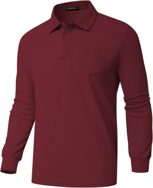 Men's Classic Long Sleeve Polo Shirts Casual Solid Golf Shirts with Pocket