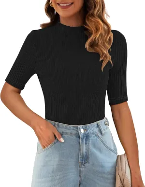 Poetsky Women's Summer Short Sleeve Tops Casual Turtleneck Elbow Ribbed Fitted Basic Shirts