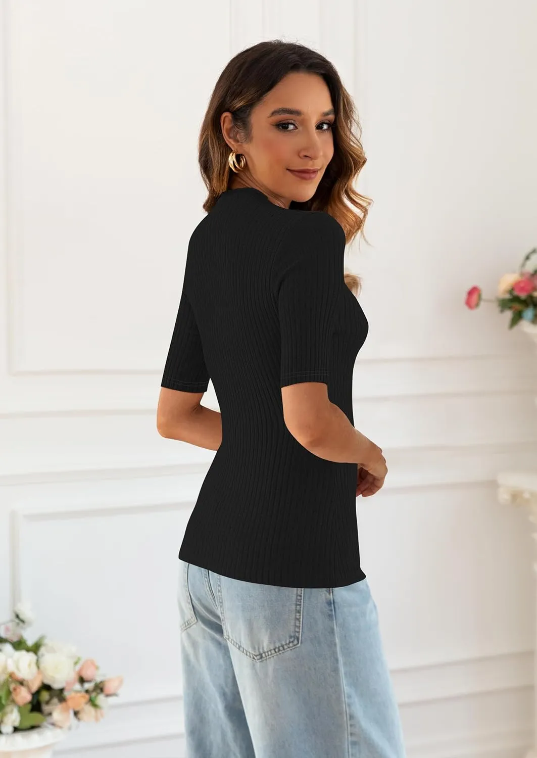 Poetsky Women's Summer Short Sleeve Tops Casual Turtleneck Elbow Ribbed Fitted Basic Shirts