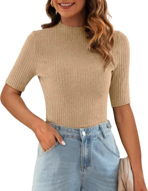 Poetsky Women's Summer Short Sleeve Tops Casual Turtleneck Elbow Ribbed Fitted Basic Shirts