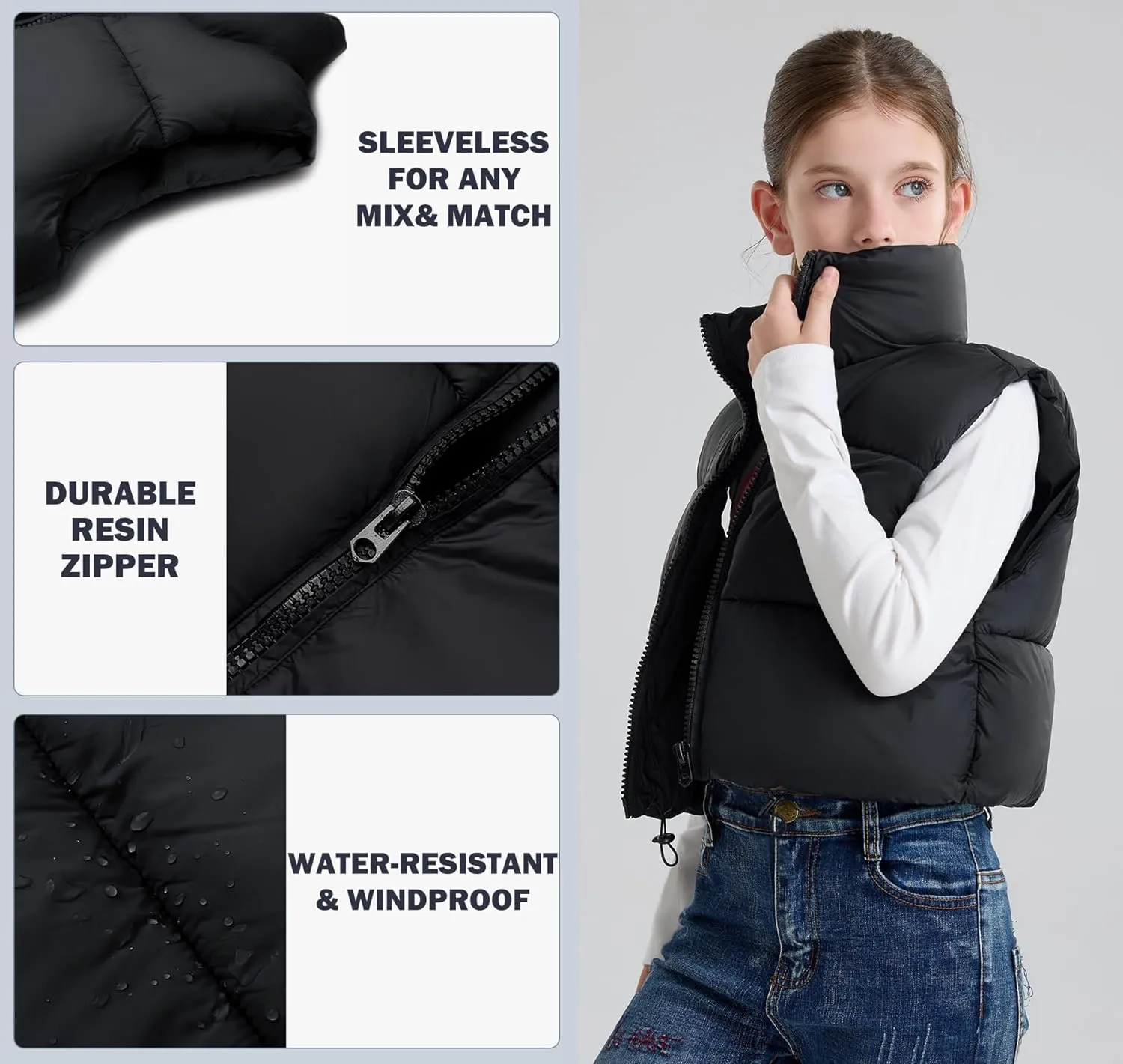 SOLOCOTE Girls Puffy Vest Coat Water-Resistant Warm Winter Sleeveless Kids Jacket for 4-14 Years