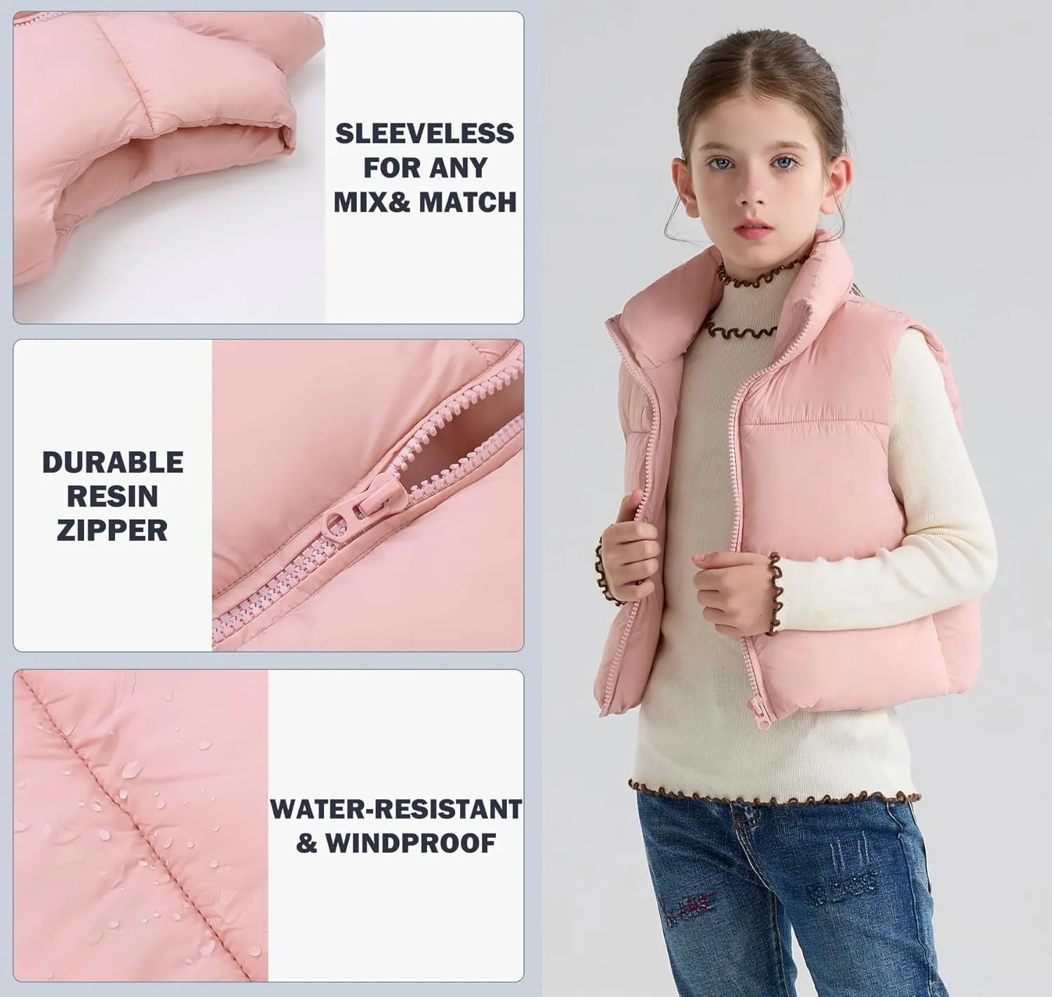 SOLOCOTE Girls Puffy Vest Coat Water-Resistant Warm Winter Sleeveless Kids Jacket for 4-14 Years