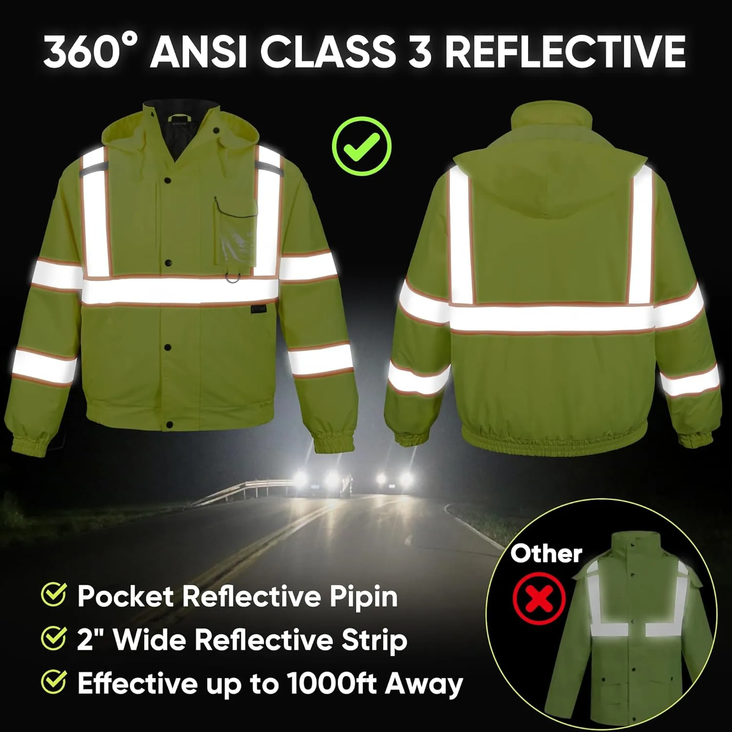 TICONN Hi Vis Rain Jacket, Waterproof Safety Bomber Jacket, Reflective ANSI Class 3 Work Rain Coat for Men Women