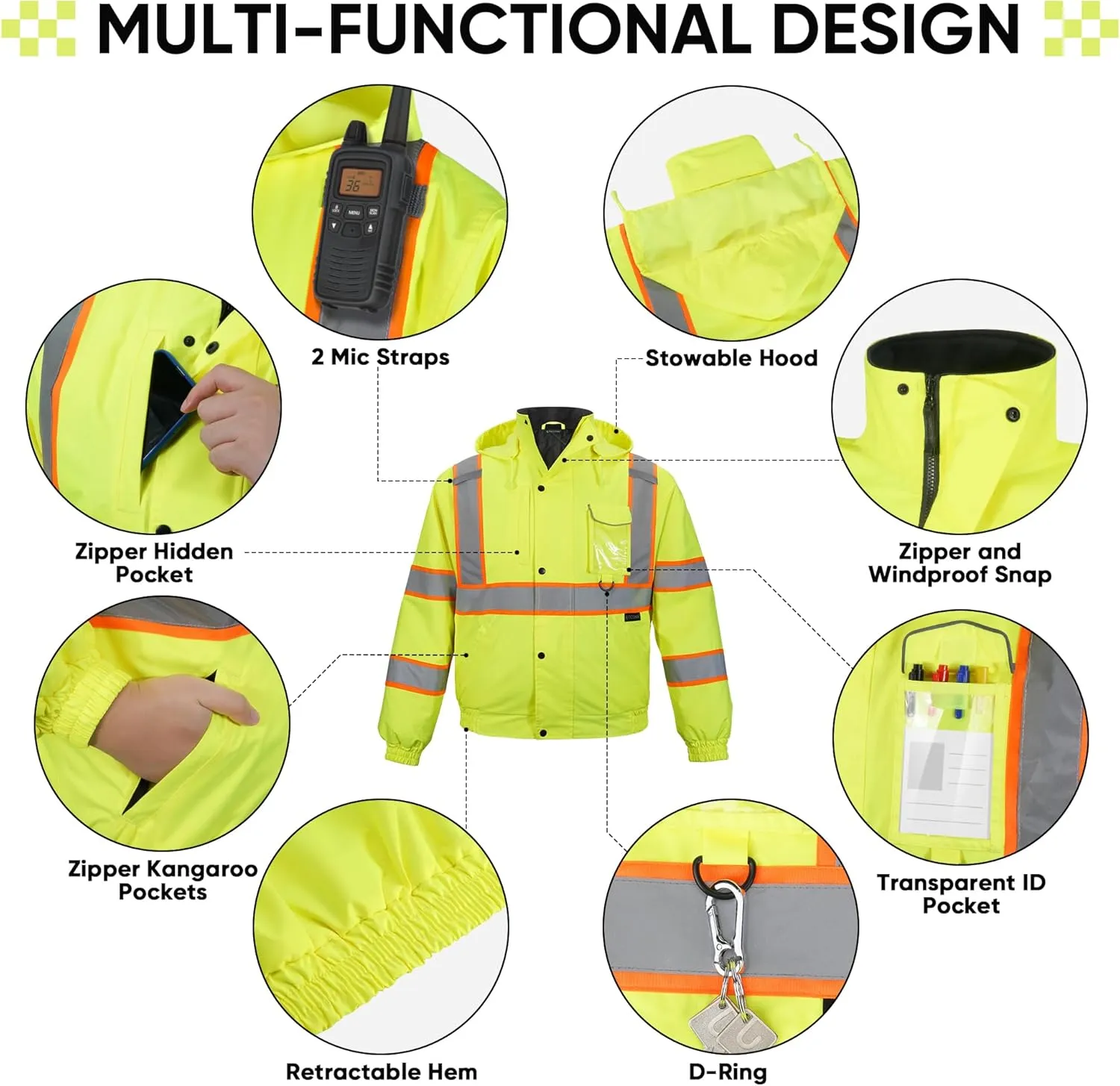TICONN Hi Vis Rain Jacket, Waterproof Safety Bomber Jacket, Reflective ANSI Class 3 Work Rain Coat for Men Women