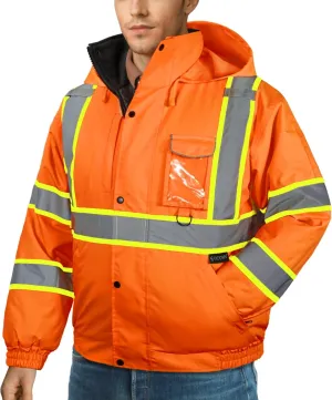 TICONN Hi Vis Rain Jacket, Waterproof Safety Bomber Jacket, Reflective ANSI Class 3 Work Rain Coat for Men Women