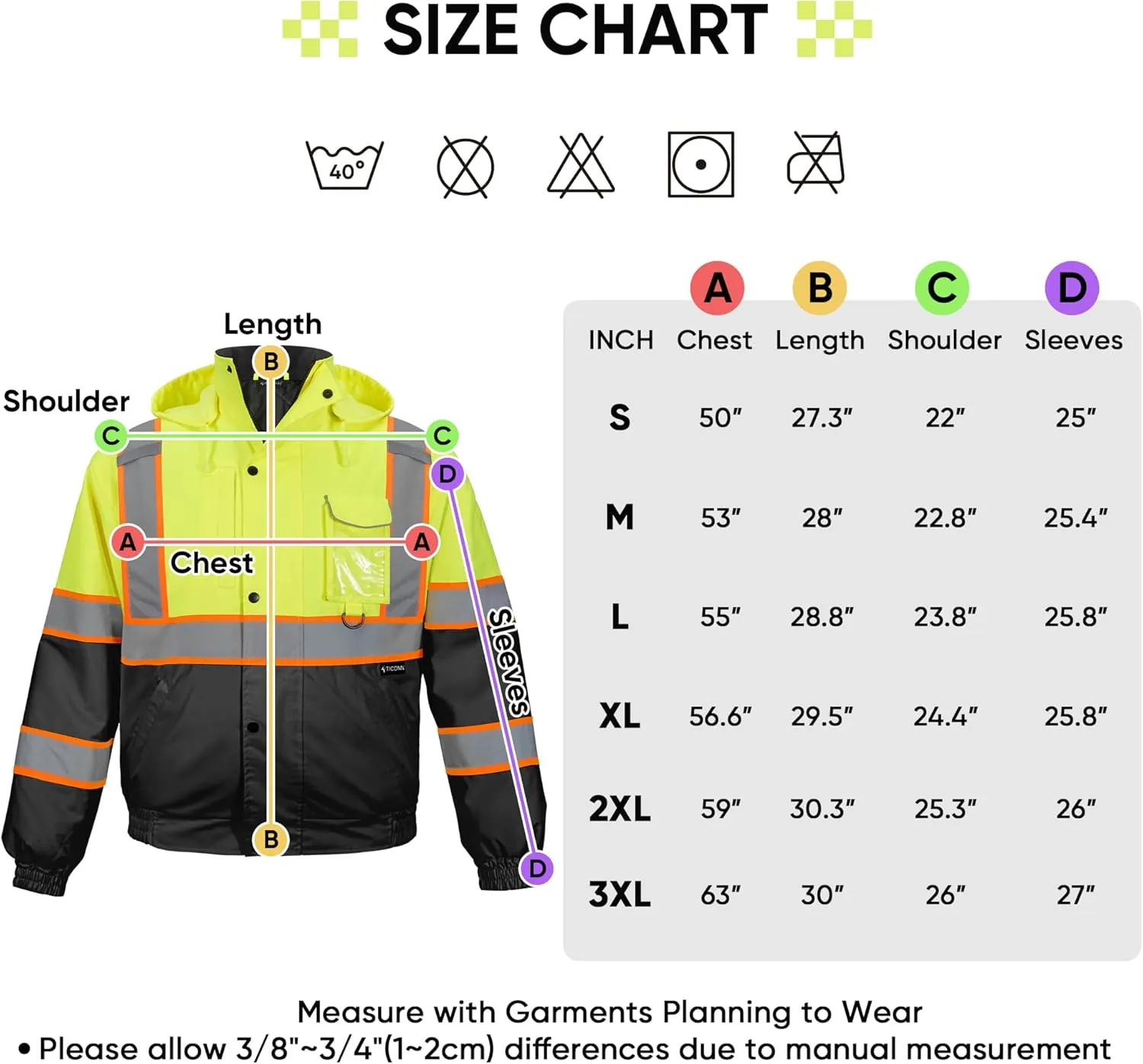TICONN Hi Vis Rain Jacket, Waterproof Safety Bomber Jacket, Reflective ANSI Class 3 Work Rain Coat for Men Women