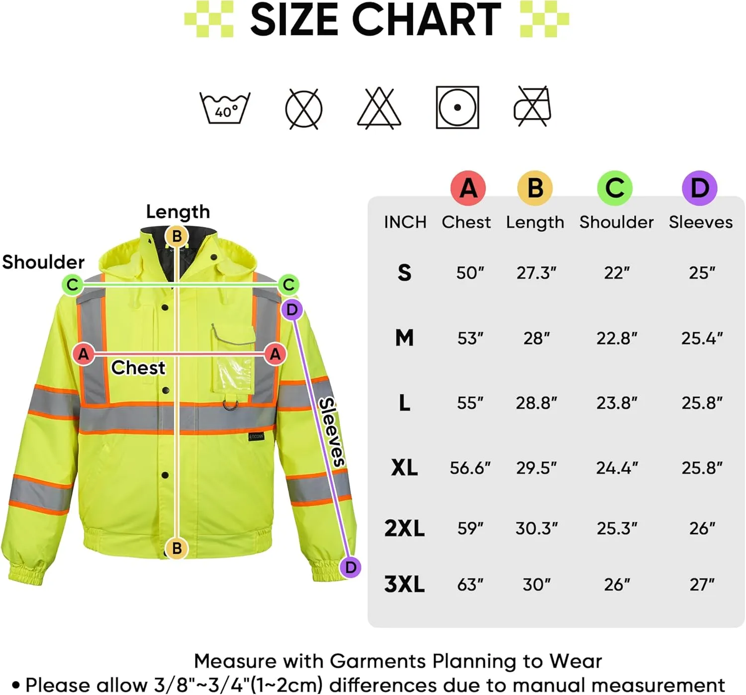 TICONN Hi Vis Rain Jacket, Waterproof Safety Bomber Jacket, Reflective ANSI Class 3 Work Rain Coat for Men Women