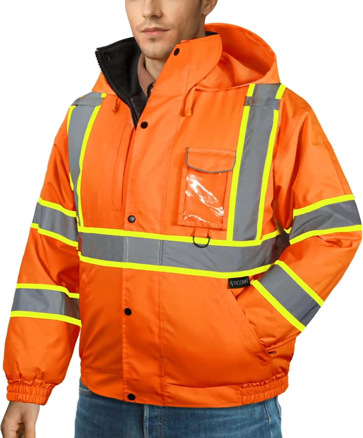 TICONN Hi Vis Rain Jacket, Waterproof Safety Bomber Jacket, Reflective ANSI Class 3 Work Rain Coat for Men Women