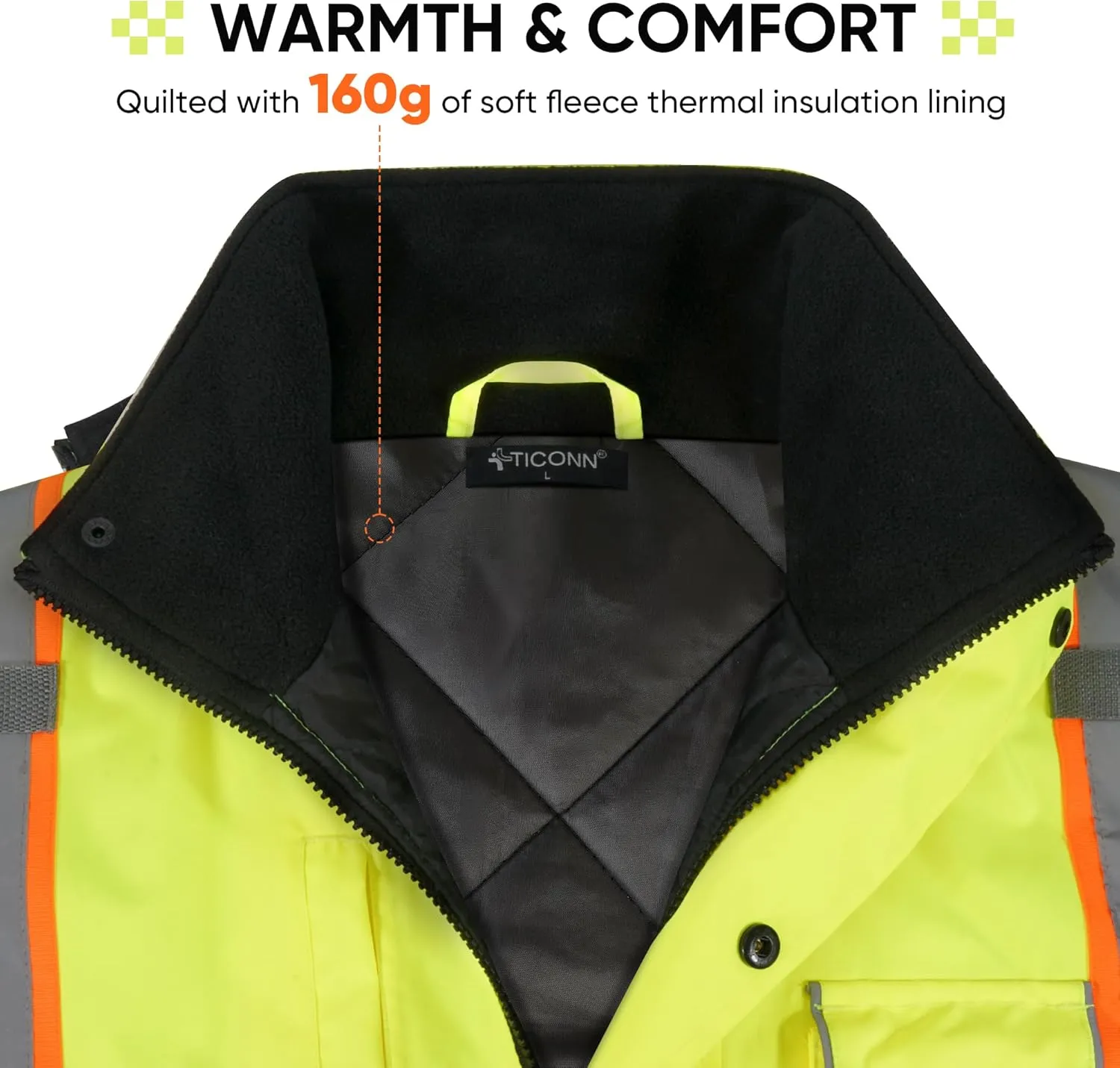 TICONN Hi Vis Rain Jacket, Waterproof Safety Bomber Jacket, Reflective ANSI Class 3 Work Rain Coat for Men Women