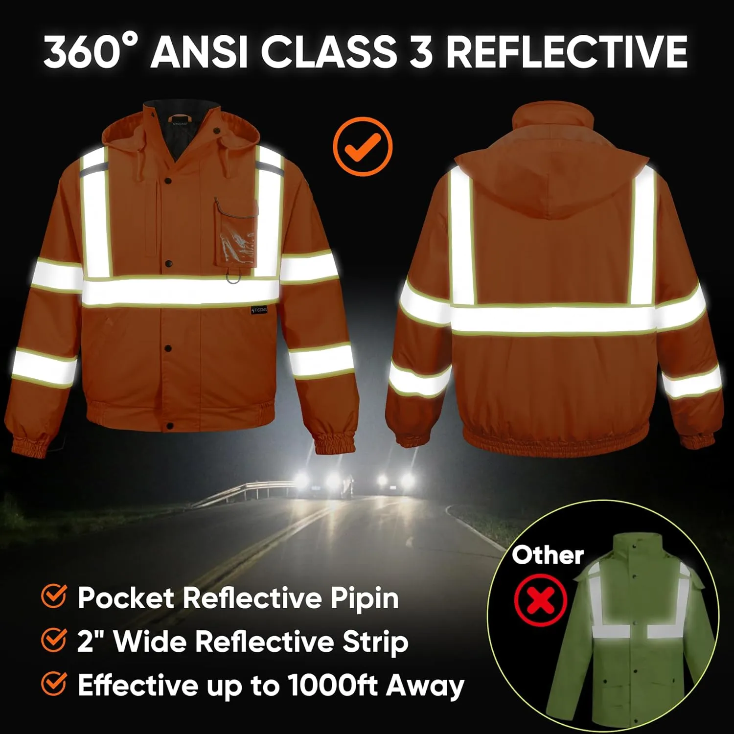 TICONN Hi Vis Rain Jacket, Waterproof Safety Bomber Jacket, Reflective ANSI Class 3 Work Rain Coat for Men Women